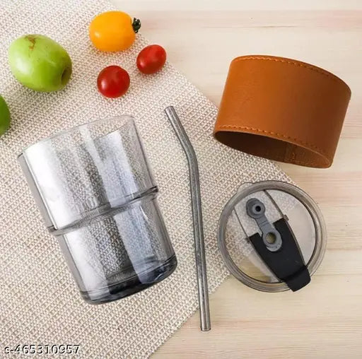 Travel Glass Coffee Mug with Lids and Straws, Glass Iced Tea Sipper Cup with Leather Sleeve Grip, Cute Glass Tumbler for Water Milk Smoothie (Pack of 1pcs,400ml-mug,multicolour,Straw)
