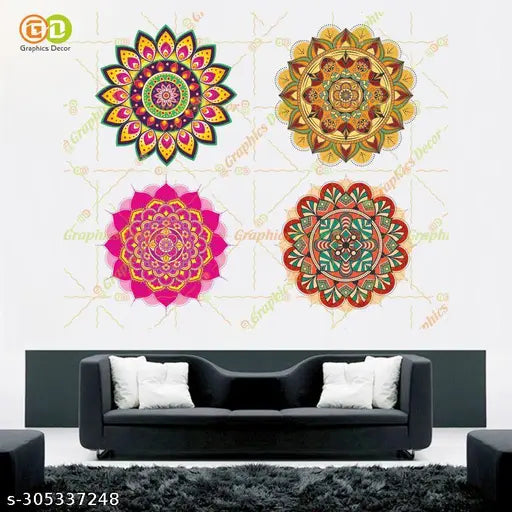 Graphics Decor | Combo Pack of 4 Colorful Rangoli Mandala Trending Floor Wall Sticker