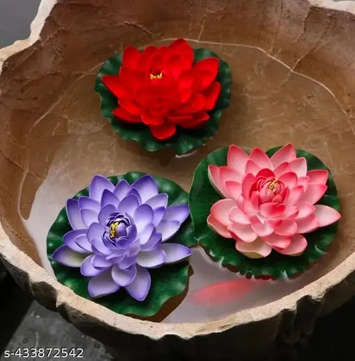 GOVIC Artificial Water Floating Lotus Flowers Multicolor Assorted Lotus Artificial Flower Home/Office, Table Top Decorative Flower Plant (4 inch, Pack of 3)