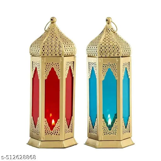 Set of 2 Moroccan Lanterns – Gold Metal with Red & Blue Glass – Vintage Candle Holders for Home, Events & Festive Decor