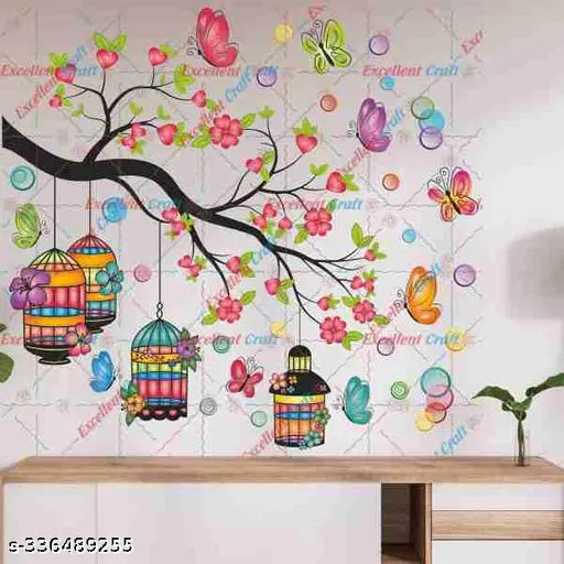 Delight Art Colorful Branches With Cages and Leaf, Flower, Butterfly Design Wall Sticker Size - ( 70*76 ) cm