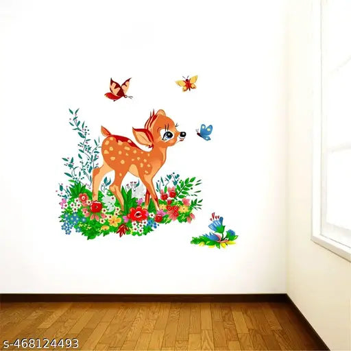 Inkfence 70x55 cm Wall Stickers Deer with Butterflies in Jungle for Kids Nursery Room Self Adhesive Sticker  (Pack of 1)