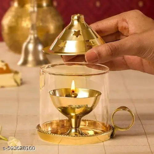 Brass Akhand Diya with Glass Cover / Borosilicate Glass Diya for Puja Diya with Borosilicate Glass | Puja Dia for Mandir | Lantern Diya with Glass Cover