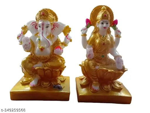 Marble Dust Laxmi Ganesh Statue For Home Decor 7 inch ( Gold )