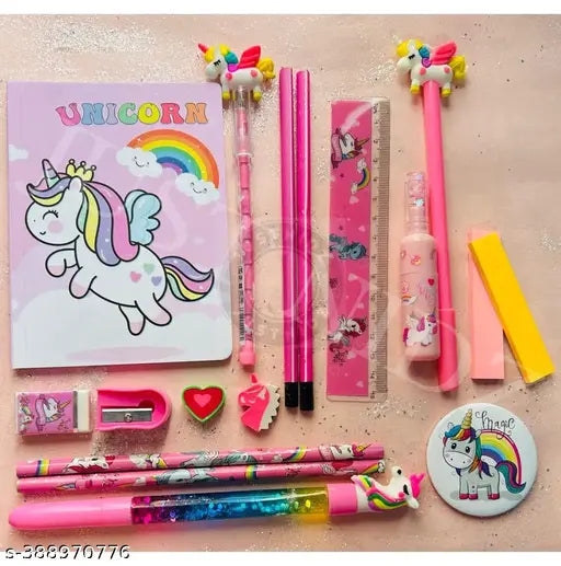 JUST NIDZ Unicorn Maha Combo of A6 DIARY WITH PENCIL,ERASER,SHARPNER,SCALE,STICKNOTES,BROOCH MORE (Pack of  17)