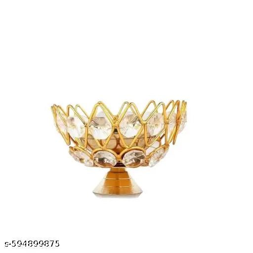 HUZUR JI Brass Oil Diya Lamp Pooja Article | Lotus Style Crystal Lamp Set of 2 Brass, Crystal (Pack of 2) Table Diya Set (Height: 2.5 inch)