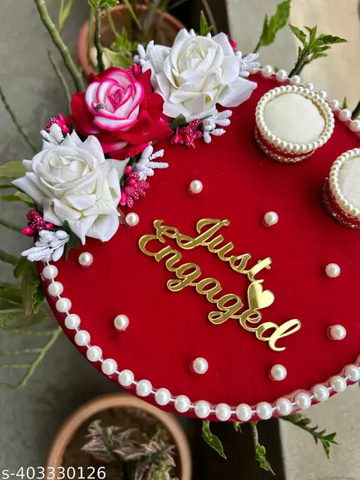 Mridang Engagement Wedding Ring Holder Platter Just Engaged Thali | Wedding Ring Platter | Marriage Décor | Engagement Ring Tray (Pink Rani,White)velvet