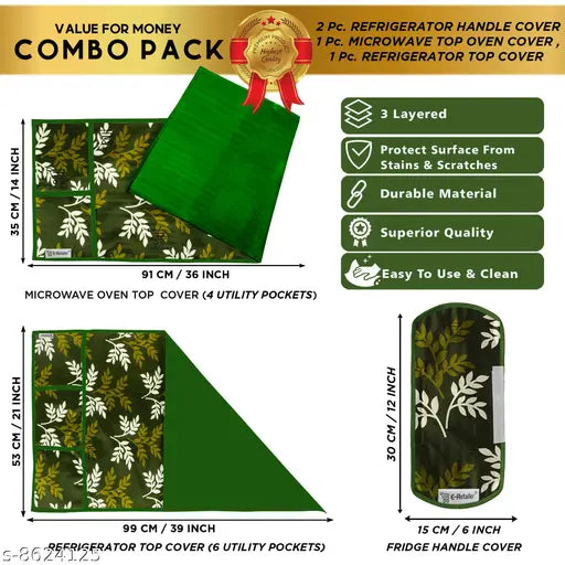 E-Retailer Exclusive 3-Layered Polyester Combo Set of Appliances Cover (1 Pc. of Fridge Top Cover, 2 Pc Handle Cover and 1 Pc. of Microwave Oven Top Cover) (Color-Green, Design-Leaf, Set Contains-4 Pcs.)