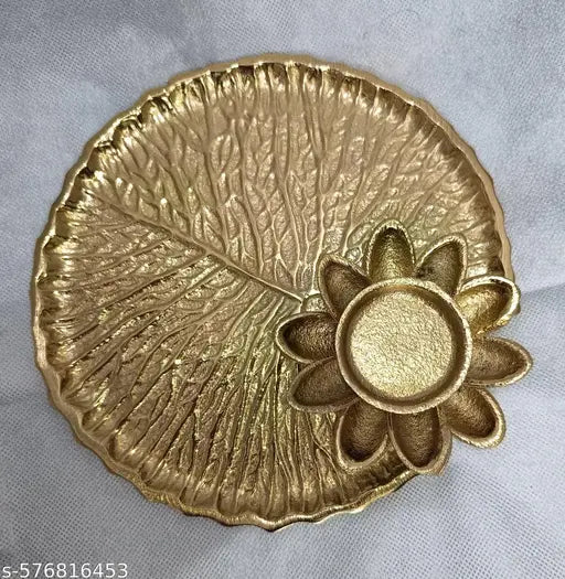 Gallery Lotus Leaf Metal Round Plate for Home/Pooja with Tealight Candle/Diya Holder (Golden; Diameter - 8 Inch)