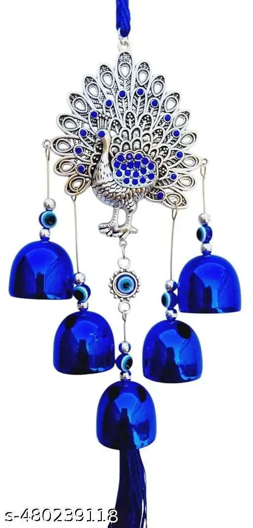 HH Decorative Wall Hanging Peacock with Blue Tassels and Bells - Evil Eye Protection, Metal Craft Home Decor for Positive Energy and Aesthetic Vibes, 12-Inch Handmade Ornament for Gifting, Wind Chime