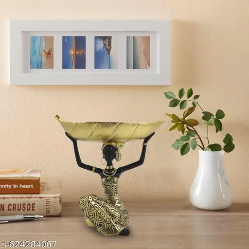 African Woman Figurine with Leaf Bowl | Black & Gold Decorative Showpiece for Home
