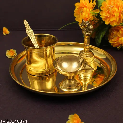 Putrika Brass Puja | Pooja Thali | Arati | Arathi | Arthi | Arti | Arathi | Bartan Thambulam Plate - Plain thali(Diya,Bell,Panchapathiram