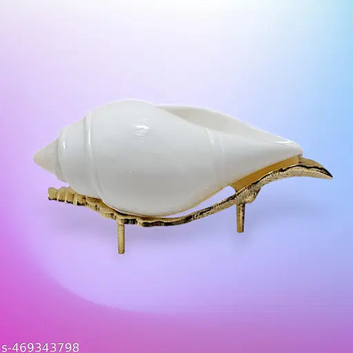 Sacred Jal Shankh with Decorative Brass Stand for Pooja and Home Decor | Spiritual Puja Jol Shankh/Shankha | Natural Non Blowing Conch Shell