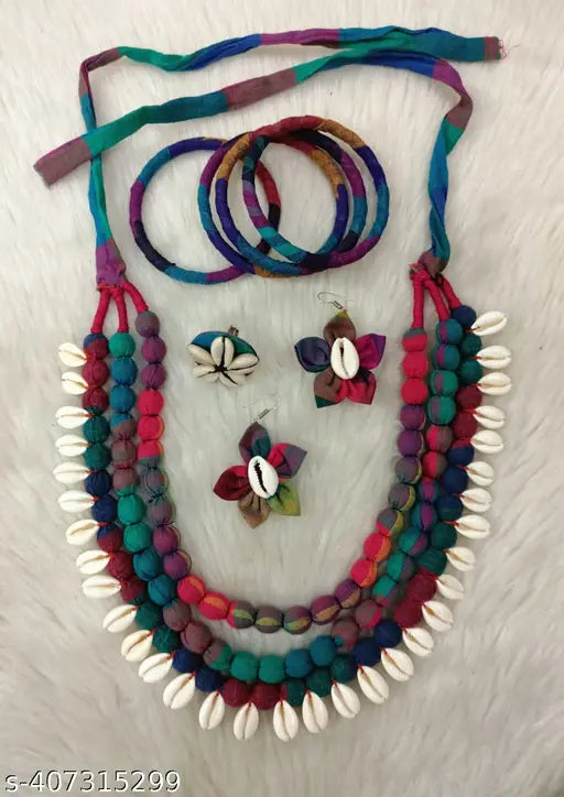 3 Layer Fabric Cowrie Necklace With Finger Ring, Earrings & 4 pieces Bangle Set
