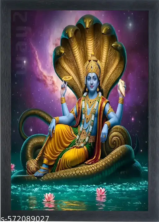 SINGODIYA INDUSTRIES Vishnu and Laxmiji Photo With Frame | Religious Framed Painting for Wall and Pooja | Hindu Bhagwan Devi Devta Square Photo Frame | God Poster for Puja (10 x 14 Inch)
