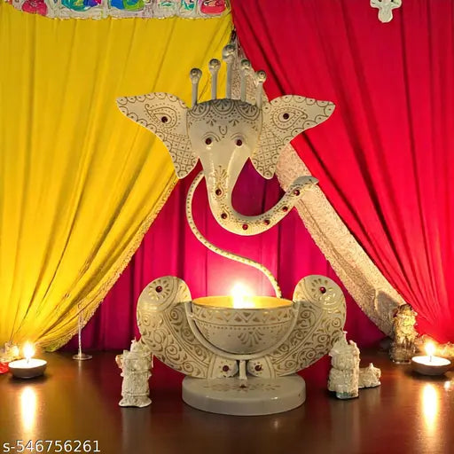 Handcrafted Ganesha T-Light Holder in Pearl Elegance Finish | Premium Home Temple Decor | 11 Inch