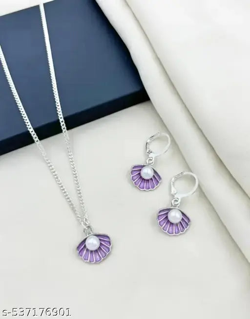Silver-Toned Flower Pendant Necklace & Earring Set with Pearl Accent for Women
