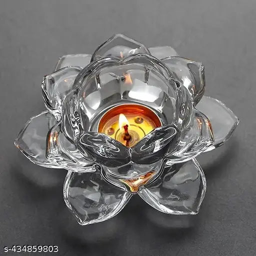 CROCKERY MALL Premium Glass Lotus Flower Tea Light Candle Holder  Exquisite Crystal Diya for Diwali  Perfect and Creative Decoration in Dipawali, Christmas, Eid, Wedding Party  Best Gift Pack of 1 pcs