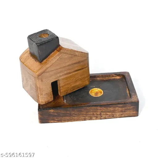 Wrightwood Wooden House Incense Holder, Wooden Base, Decorative Smoke Effect with Four Free Different Incense Cones(dhoop batti)