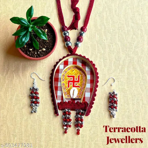Traditional Terracotta Necklace Set with Sacred Swastik Pendant & Earrings | Handmade Ethnic Jewellery for Women