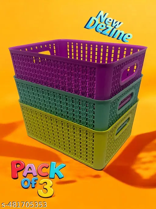 KITCHUB BPA Free Attractive Design Multipurpose Trendy Storage Basket With Lid|Material-Plastic|Color-PINK,YELLOW,GREEN|Pack of 3