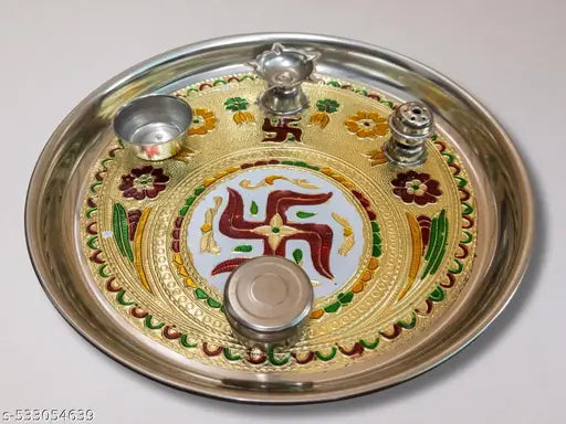 Pooja Thali Meenakari Steel 11 Inch | Traditional Decorative Puja Thali Aarti Home Temple