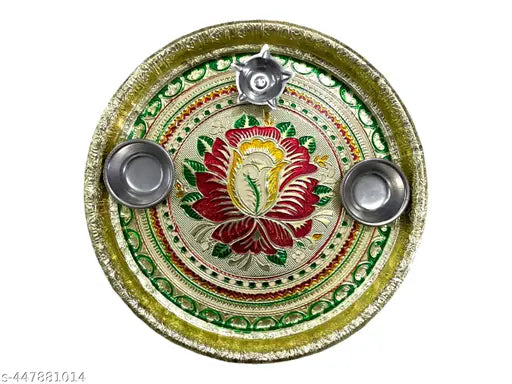 Decorative Pooja thali/Ornate Embellished Pooja Plate/Traditional Aarti Thali/Decorated Pooja Tray/Indian Pooja Thali with Diyas/Puja Thali Set