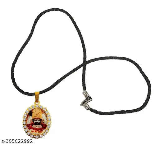 Golden Oval Shape Diamond Nug Engraved Hindu God Lord Jai Shri Baba Khatu Shyam Barbarika Ji Locket Pendant Necklace With Cotton Dori Religious Spiritual Jewellery Set