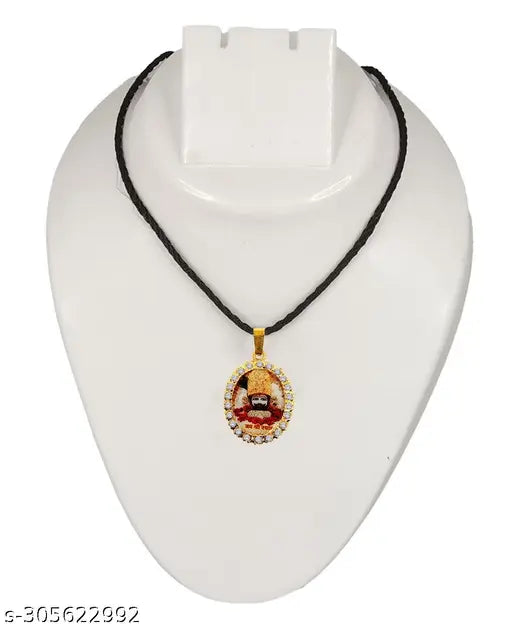 Golden Oval Shape Diamond Nug Engraved Hindu God Lord Jai Shri Baba Khatu Shyam Barbarika Ji Locket Pendant Necklace With Cotton Dori Religious Spiritual Jewellery Set