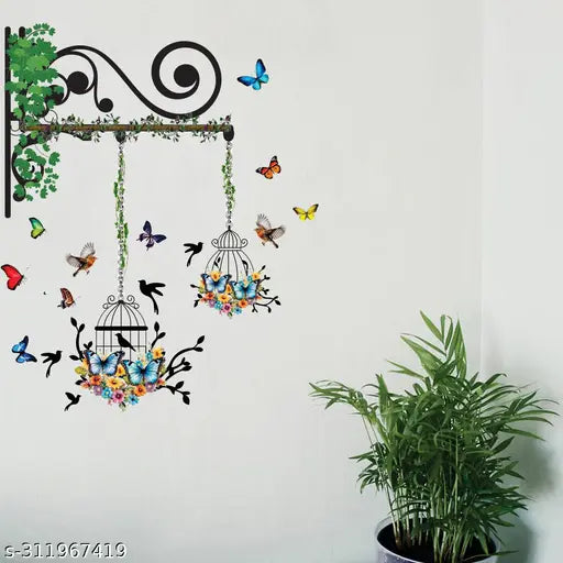 Beautiful Butterfly-Birds-Tree-Hanging Cages Design Wall Sticker  (Desing-3)