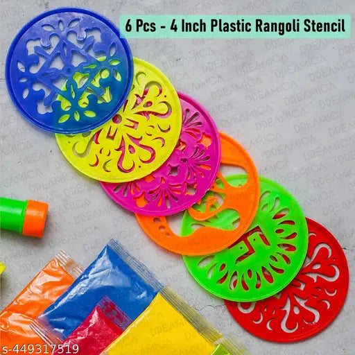 Dreamica Pack Of 10 Rangoli Powder with Stencils , Couple Tealight Candle Holder And Tool Kit