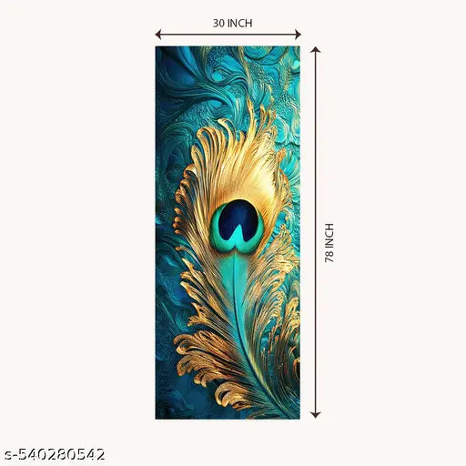 Door Interior Sticker | Fresh water drops on peacock feather of Home Door Decor Wallpaper of Positive Vibes for Wall, Refrigerator, almirah, Table, Kitchen (Self Adhesive Vinyl, Waterproof (30x78 inch)