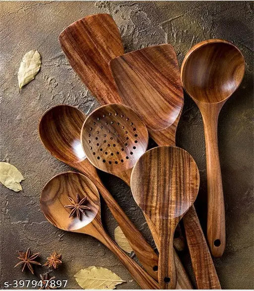 Natural Wooden Spoons Set Flip Spatula/Ladle for Home & Kitchen Decor | Non-Stick | Handmade | (Size, 13 Inch)(Shesham Wood, Set of 6)