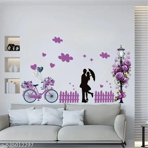 SS And Company loving couple with decorative floral poll Sticker for Home, Living Room, Bedroom, Kitchen (60 cm x 65 cm)