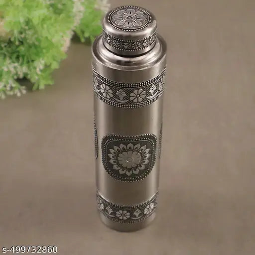 Giftguys Stainless Steel Oxidised Worked Water Bottle 1000 ML | Durable, Leak-Proof, Easy Grip, Rust Free, Easy-to-Clean, Odour-Free Bottle with Secure Cap for School, Travel, Gym & Work (Silver)