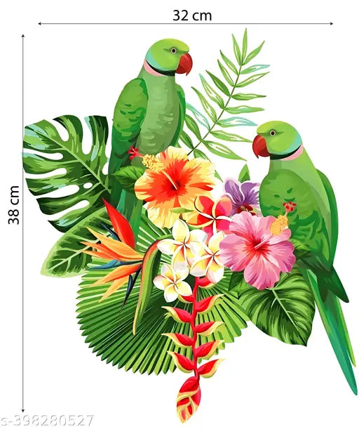 Vastu Green Parrot & 2 pcs switch board stickers Self Adhesive Paper Wall Sticker Poster - (Multicolour), Beautiful Flower & Parrot Rangoli
