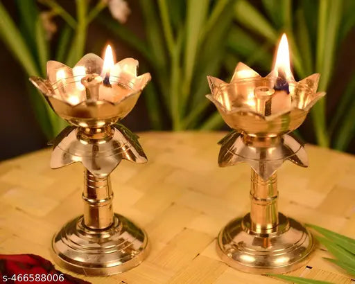 Home Trends India Brass Kamal / Lotus Diya set Puja Diya, Kuthu Vilakku, (Height 4 .5 Inches Pack of 2 Pcs) Akhand Diya
