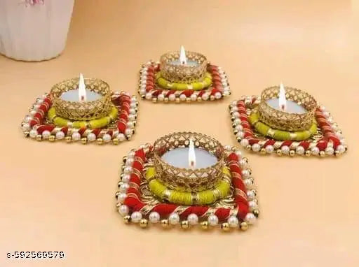 Handi craft Square shape (4 pcs Red & Yellow colore) Tealight candle Holders Diya For Diwali Decoration ;Home Decoretion
