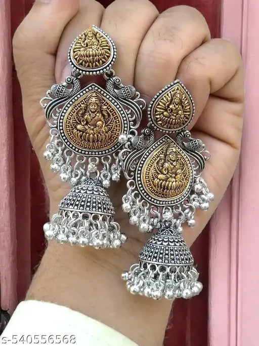 Traditional Temple Jhumka Earrings for Women | Antique Oxidized Silver & Gold-Tone Lakshmi Design | Ethnic Indian Jewelry for Weddings & Festivals