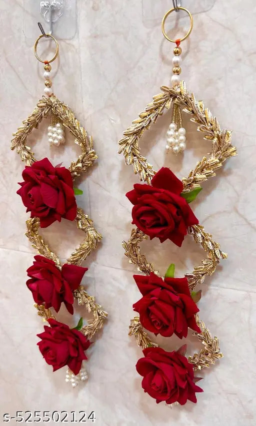 Artistic Dreams Pack Of 2pcs Red Color 13*4 Inches Artificial Floral Red Rose Wall Hanging For Diwali Decoration,Home Decor, Gifts Items,Diya for Home Office Pooja,Durga Pooja,Temple Decoration