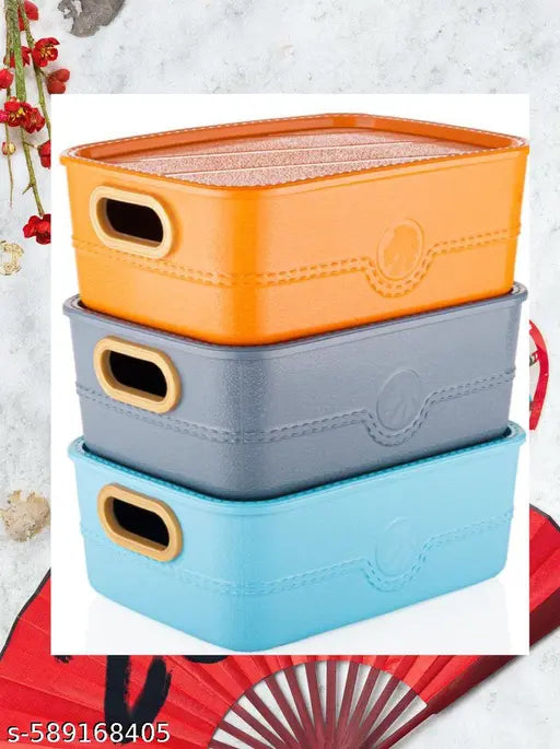 Plastic Multipurpose Solitaire Storage Basket with Lid|Side Handles & Wovan Design|Size 28 x 21 x 11 CM|Pack of 3 (Multi)