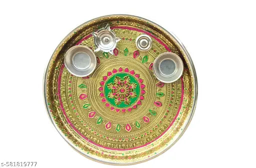 Meenakari Stainless Steel Pooja Thali Set with Diya Holder & Incense Stick Stand | Traditional Wedding & Marriage Gift | Festival Puja Thali for Home Temple