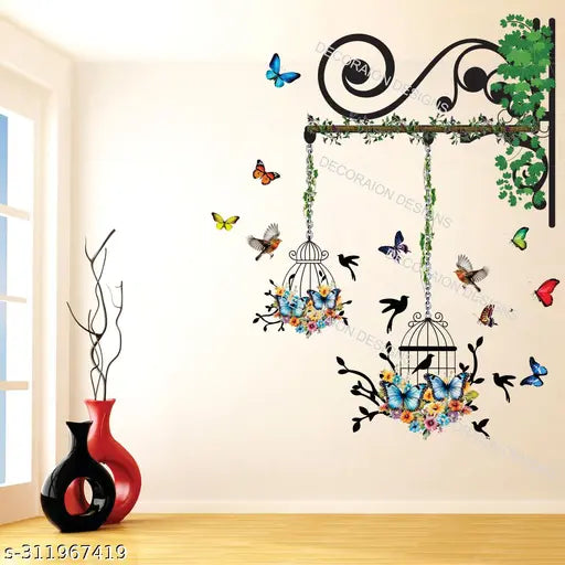 Beautiful Butterfly-Birds-Tree-Hanging Cages Design Wall Sticker  (Desing-3)