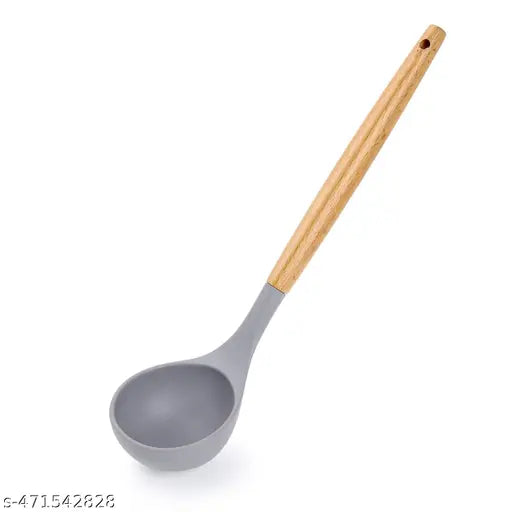 Silicone Ladle Spoon - Kitchen Soup Ladle - Cooking Utensils - Non-Stick Cookware - Ladles for Cooking, Serving - Wooden Handle Ladle, Heat Resistant & Nonstick Ladle - Doas Ladle (1pcs, Grey)