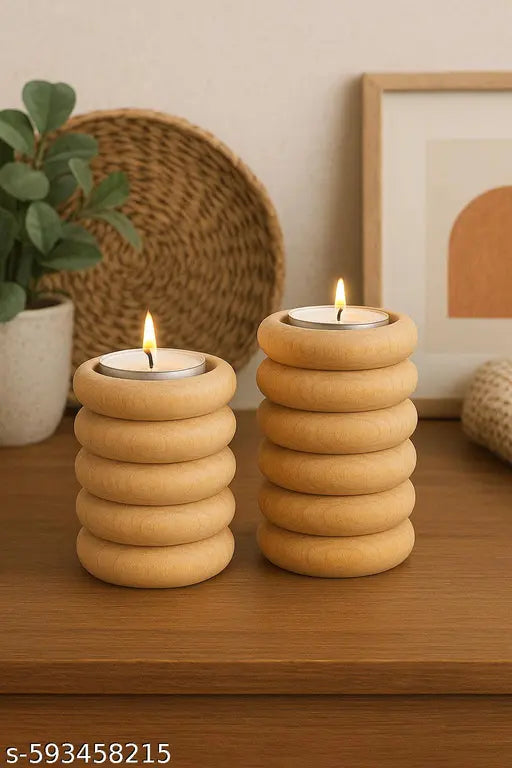 Handcrafted Wooden Spring Tealight Candle Holder – Natural Teak Finish | Set of 2 Holders + 4 Tealight Candles (2 Premium + 2 Complimentary) | Home Décor, Meditation, Spiritual, Wedding & Festive Gifting
