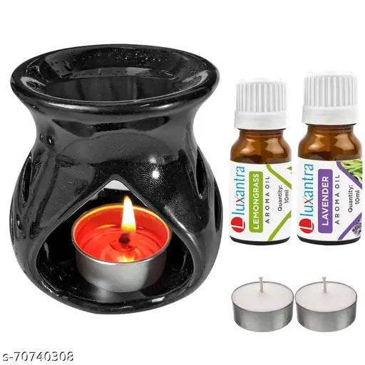 Luxantra Ceramic Aroma Oil Diffuser Burner for Home fragrance with Lemongrass and Lavender Aroma Oil of 10ml Each & 2 Tlight Candle Free for Home Office Hotel Spa
