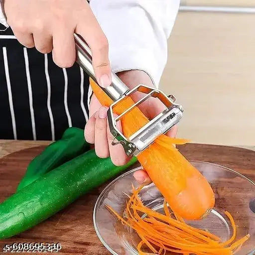 Stainless Steel 2 in 1 Julienne Vegetable Peeler Multi-Functional Fruit Vegetable Shredder Slicer Double Planing Cutter Potato Cucumber Carrot Melon Grater (Silver)