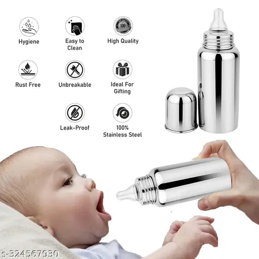 SHOPNJOY Stainless Steel 304 Grade New Born Baby Feeding Bottle 250ml for Milk / Water Feeding with Internal Matt Finish Cleaning Brushes(1 bottle+1 brush )Pack of 1