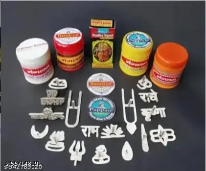 17 Different types tilak Stamp With 5 Chandan Box Radhakund Tilak Kesar Chandan Gopi Chandan Yellow chandan and 17 Different Zink Tilak Stamp Puja Article Puja Samagri puja set ..a