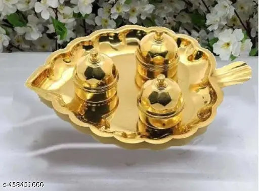 Brass Leaf Shaped Karanda Puja Rituals Roli Chawal Akshat Dibbi Chandan Chopala Puja Thali Set Elaichi Mishri Haldi Kumkum 3 Mug Holder,Kankavati for Home Temple pure Brass